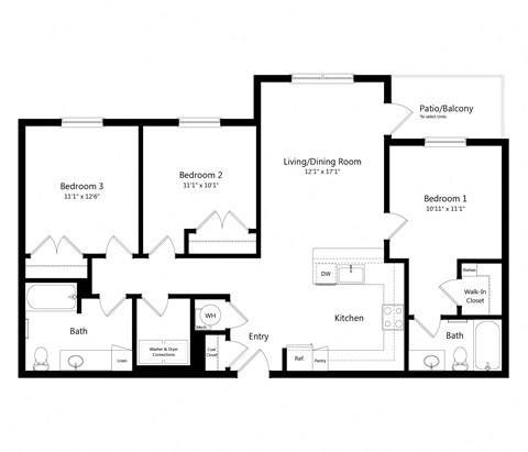 Floor plan for 3 beds, 2 baths, 1127 sqft